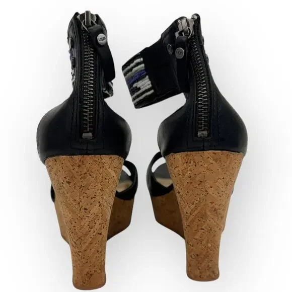 Ugg Black Leather Beaded Ankle Strap Cork Platform Wedge Sandals 8.5 Breathable - Picture 4 of 16